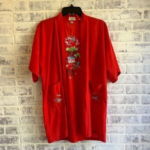 Health VTG Chinese Landscape Robe Embroidered Kimono Red Cotton Blend Kids 12